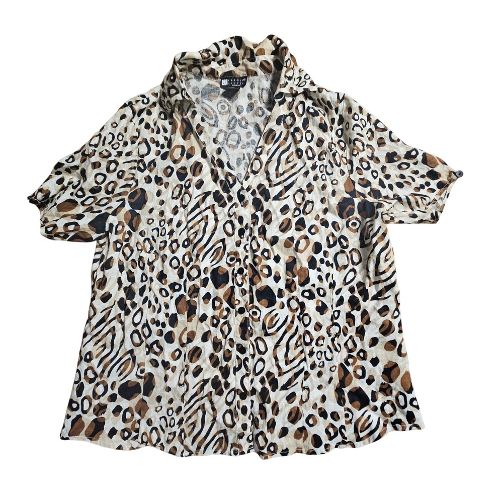 Carole Little 100% Linen Animal Print Button Up Blouse Top Womens 1X Mob Wife